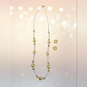 Pearls & 24k Gold Leaf Necklace & Gold Button Earrings Murano Glass Beads